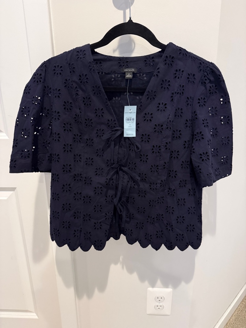 Ann Taylor Navy Eyelet Tie-Front Cropped Blouse